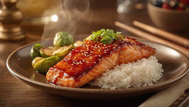Salmon in teriyaki sauce with Brussels sprouts and rice