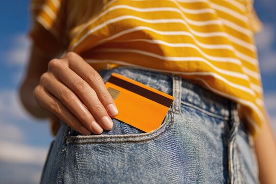 Close-up of person's hand inserting an orange card into denim jeans pocket