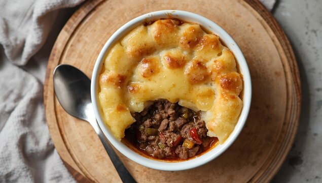 Shepherd's pie in a bowl with a spoon. Classic British meal.