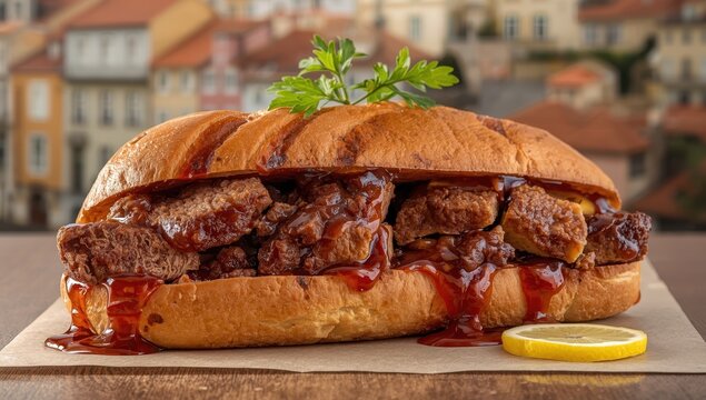 Side view of a stewed pork sandwich with meat jus in Porto, Portugal.