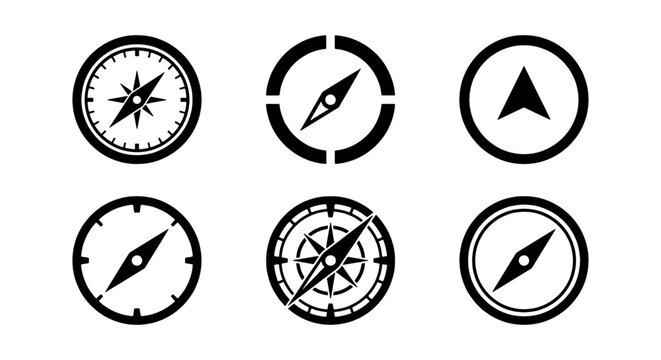 Minimalist compass icon set, black navigation symbols for travel and adventure, 6 vector map pointer elements, directional orientation signs