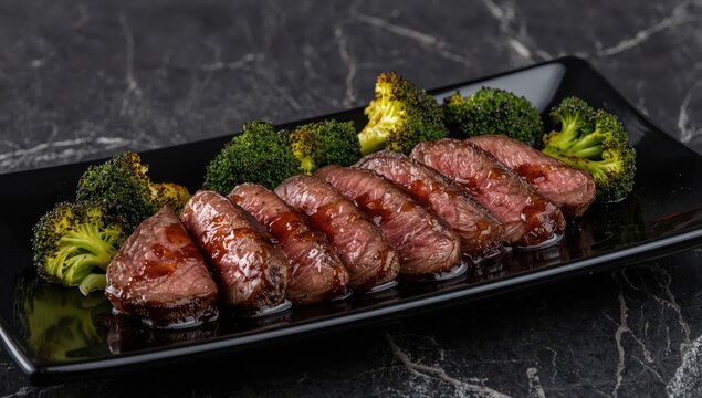Sliced beef with roasted broccoli on a dark plate against a stone backdrop. Close-up.