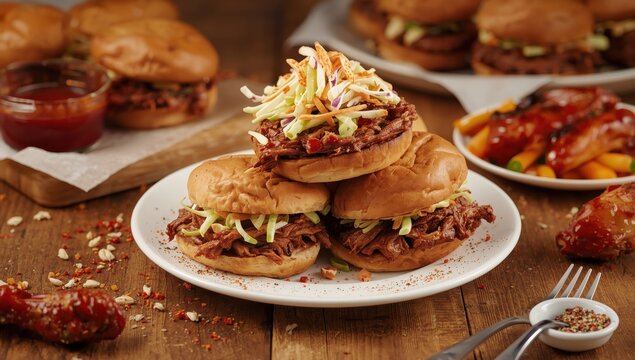 Sliders with pulled pork, coleslaw, buns, and spices. Pulled pork sandwiches.
