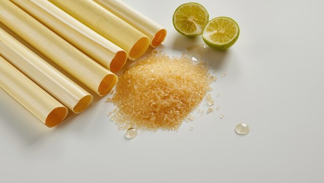 Sliced sugarcane and mound of sugar on white background.