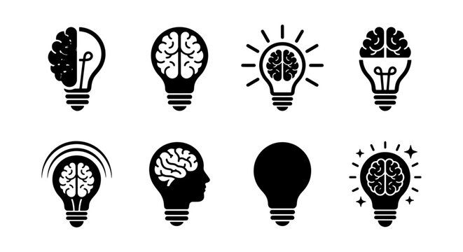 Creative brain light bulb icons set, human mind and intelligence symbols, 8 black vector silhouettes for startup innovation and psychology concepts