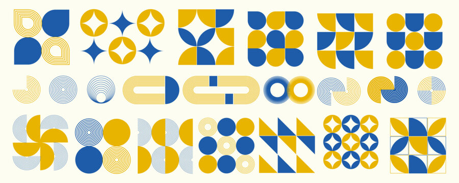 Abstract Bauhaus geometric shapes collection with solid and outline circle, arc, star and motif elements in blue and yellow