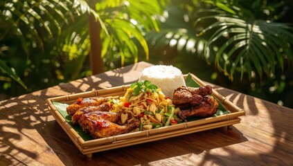Obraz premium Spicy green papaya salad with grilled chicken wings and sticky rice on a bamboo tray.
