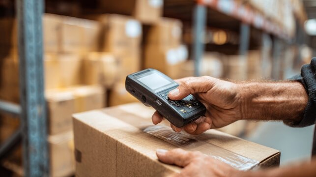 Man using handheld scanner to scan barcode on cardboard package in warehouse setting
