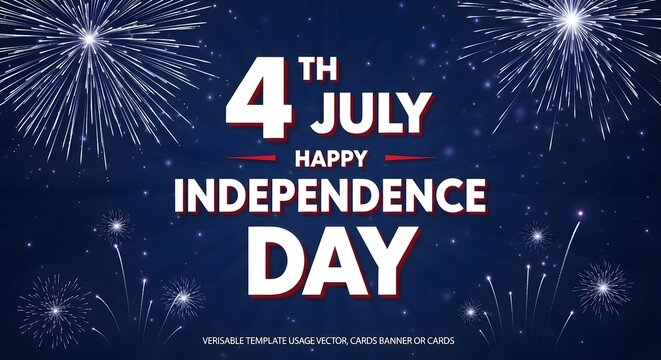 Happy independence day 4th of july celebration banner with fireworks on dark blue background