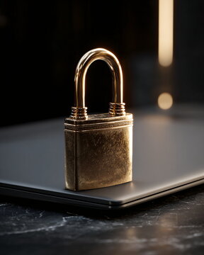 Photorealistic Close-Up of a Heavy Golden Padlock Symbolizing Digital Security and Protection on a Laptop
