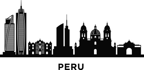 Fototapeta premium Peru City Skyline Silhouette Vector Illustration Featuring Lima Landmarks Skyscrapers and Historic Cathedral Architecture for South American Travel Tourism Design