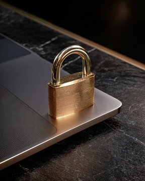 Photorealistic close-up of a heavy golden padlock protecting a laptop, symbolizing digital security and data privacy