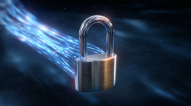 Gleaming metal padlock with blue glowing data streams symbolizing secure digital connection