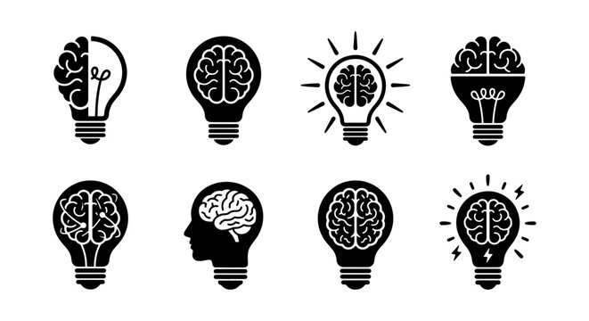 Creative brain light bulb icons set, human mind and logic concept vector, 8 black silhouette symbols for innovation, intelligence and brainstorming