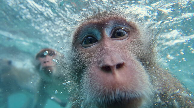 Curious Macaque Monkey Underwater Close-Up with Wide Eyes and Air Bubbles in Turquoise Tropical Sea.