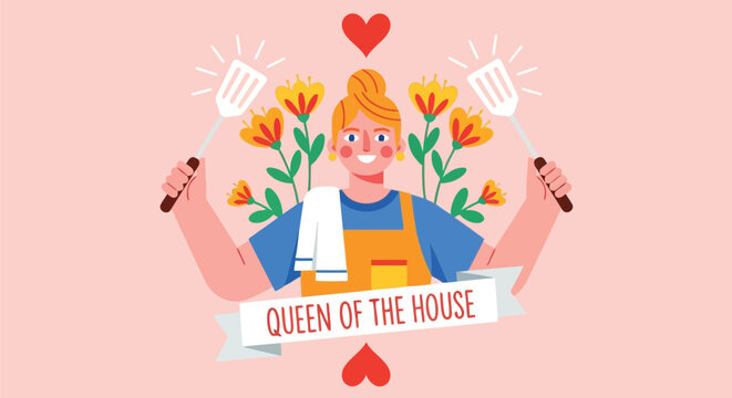 Queen of the house woman with spatulas and flowers on pink background