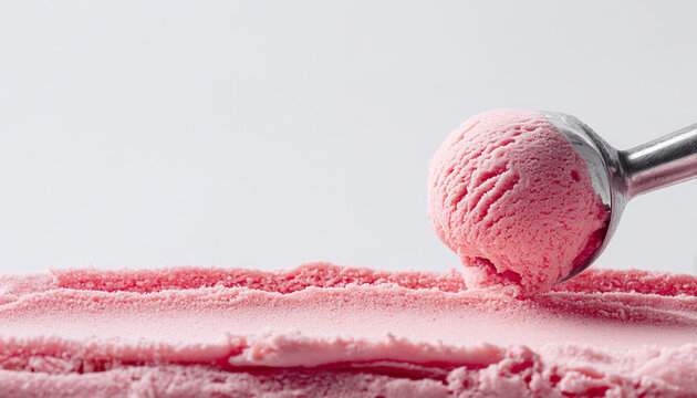pink strawberry ice cream ball in a spoon on white empty background. Strawberry ice cream
