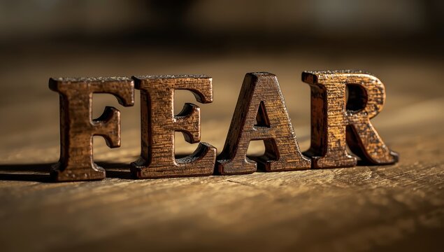 The term -FEAR- in wooden letterpress.