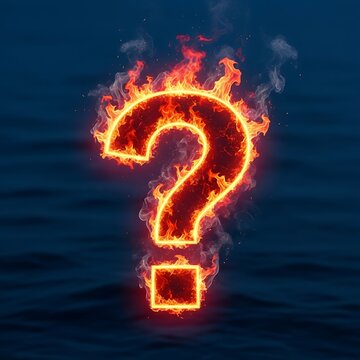 Burning Question Mark Symbol on Dark Water Background.