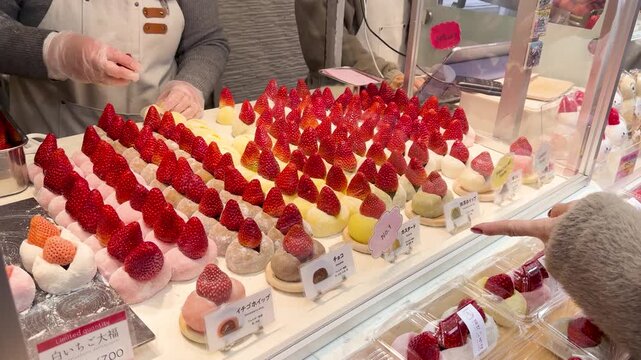 Strawberry Mochi Daifuku Display at Tsukiji Outer Market in Tokyo