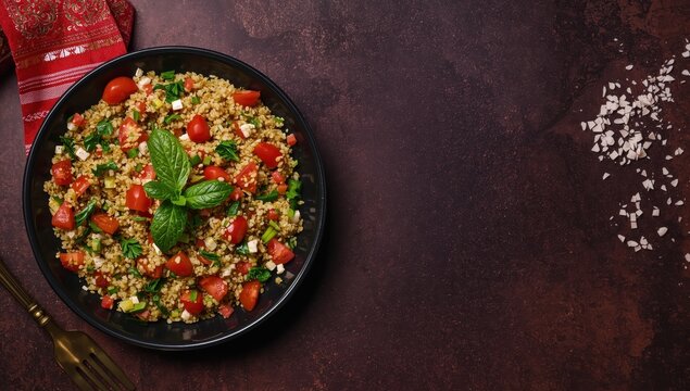 Top view of bulgur and parsley Tabouleh salad on a dark background.