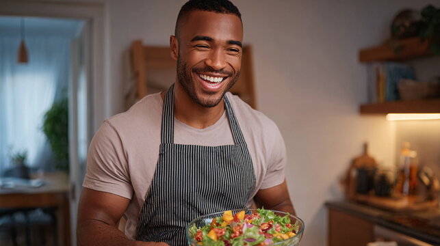 Joyful African-American man in chefs apron holding a fresh salad in a modern kitchen