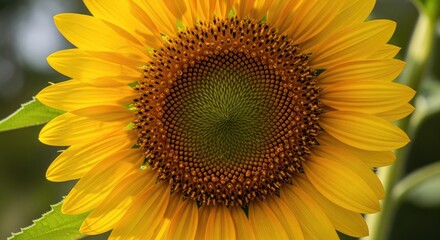Obraz premium A vibrant sunflower with a rich, dark brown center and bright yellow petals, set against a backdrop of green leaves.