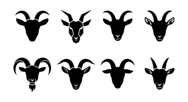 Goat head silhouette icons, set of 8 black animal vector illustrations, horned ram and mountain goat face symbols for logo design and branding