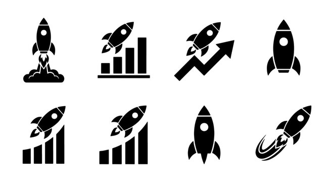 Rocket launch icon set, business startup growth symbols, 8 black vector silhouettes of spaceship ascent and financial success charts