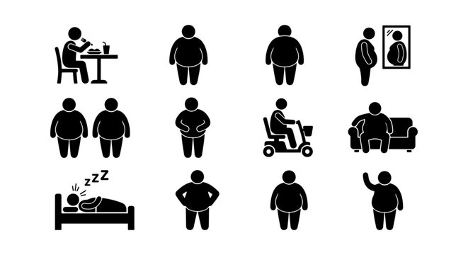 Obesity and overweight lifestyle icons set, 12 black stick figure pictograms of fat people, unhealthy habits and sedentary behavior vector collection