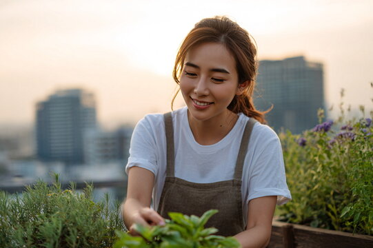 Joyful East Asian woman with serene expression tending to plants on a rooftop garden at sunset