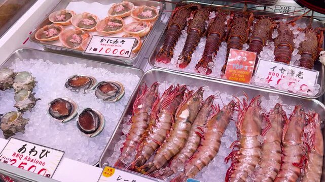 Fresh Seafood Display at Tsukiji Outer Fish Market in Tokyo Japan
