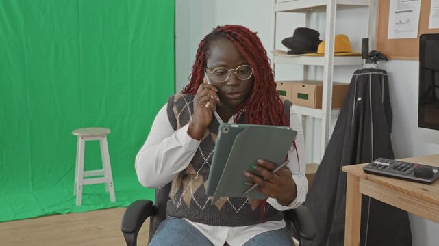 Woman holding tablet and talking on phone in studio with greenscreen and shelving visible; focused planning.