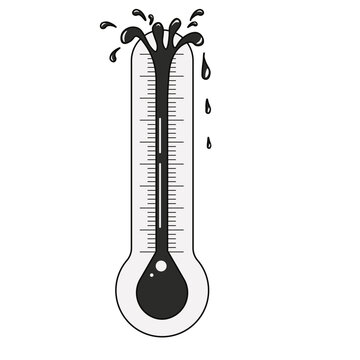 Symbol rising oil price. Vector thermometer with black Oil liquid and water drops explosion. Growth Oil price concept art. Editable stroke EPS 10