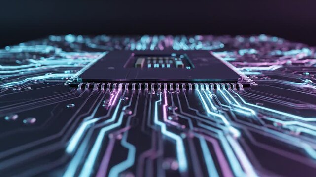 Close-up of a computer microchip with glowing purple and blue circuits on a dark background, showcasing modern technology and digital innovation in a futuristic electronic component.