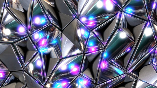 Chrome metal background purple blue glittering, shiny and lustrous metal triangles mosaic pattern texture.
