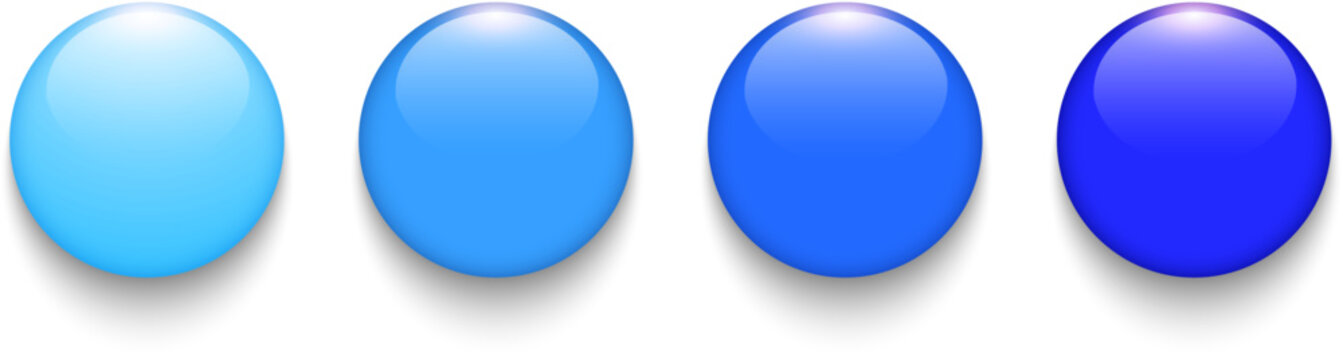 Blue shiny buttons set, 3D circle shape glossy backgrounds for website.