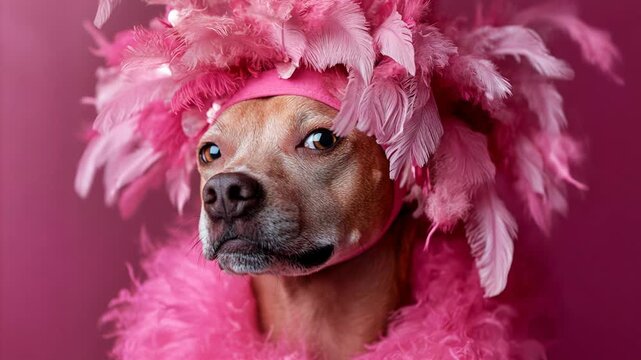 Adorable dog wearing a vibrant pink feather boa and headdress, looking around with funny expressions