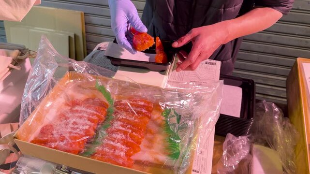 Japanese Vendor Packaging Fresh Mentaiko Pollock Roe at Tsukiji Outer Market