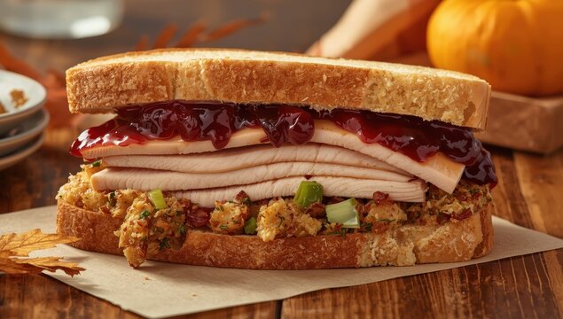 Turkey sandwich with cranberries and stuffing made from Thanksgiving leftovers.