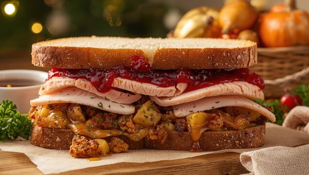 Turkey sandwich with cranberry stuffing and potatoes made from Thanksgiving leftovers.
