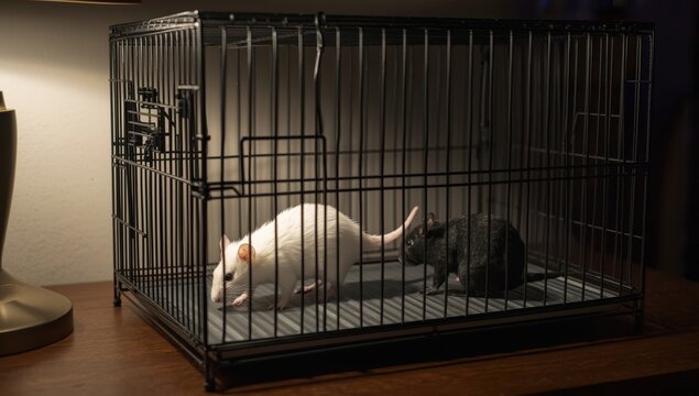 Two lively rats confined in a metal enclosure.