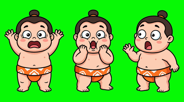 Three Cartoon Sumo Wrestlers with Surprised Expressions on Green Background.