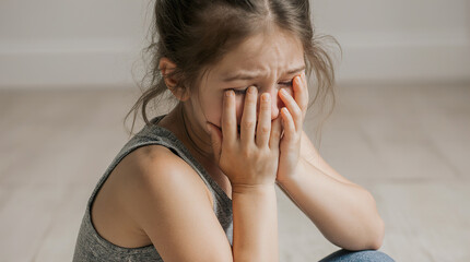 Fototapeta premium Crying child girl covering face with hands while sitting on floor expressing intense emotional distress and frustration at home