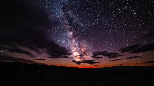 Fiery Sunset Melds With Starry Night Sky Over Mountains