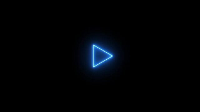 Neon blue play button outline glowing on a black background image photo