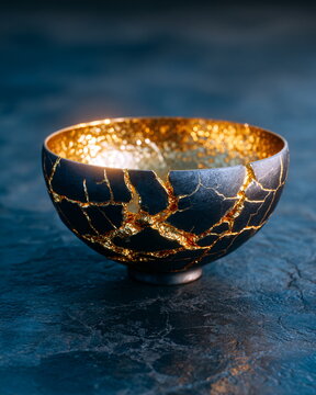 Close-up on the intricate golden seams of a Kintsugi bowl, a symbol of beauty in imperfection