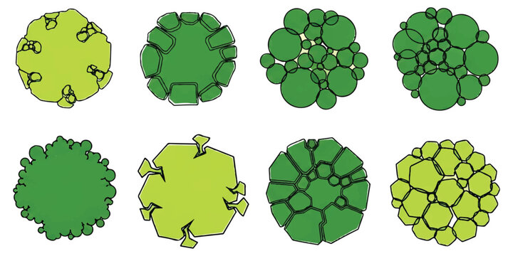 A collection of eight diverse trees and plants depicted from a top-down perspective for architectural landscape plans.