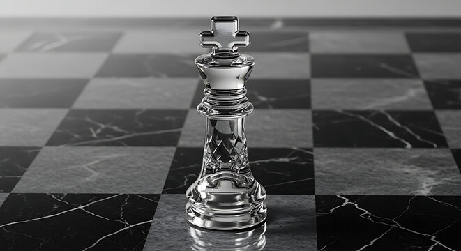 A crystal clear chess king piece stands prominently on a black and white marble checkered board in a close-up view.
