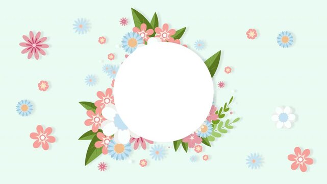 Horizontal 4K animation Mint green background White circular card appearing in center Copy space Flowers emerging around it Elegant floral motion design For invitations greetings, social media visuals